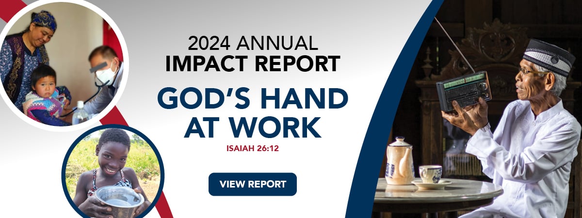 Collage of images showing Reach Beyond's ministries including radio, healthcare, and community development,