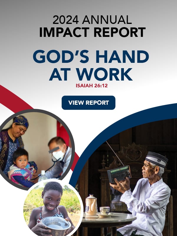 Cover of 2024 Annual Impact Report showing an Indonesian man listening to the radio